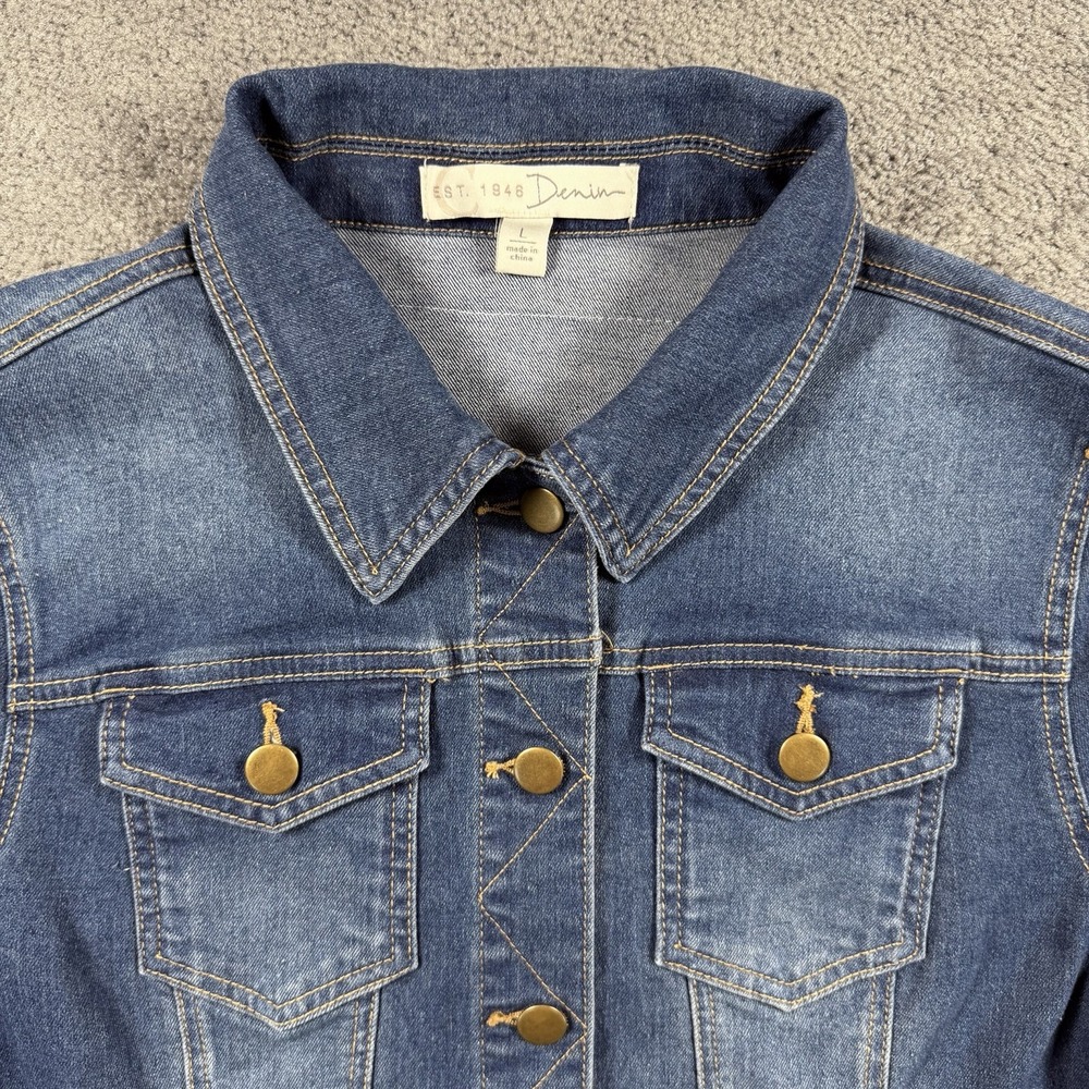 EST. 1946 Denim Jacket L Blue South Western Boho Embroidered Fringe Back Trucker - Picture 3 of 8